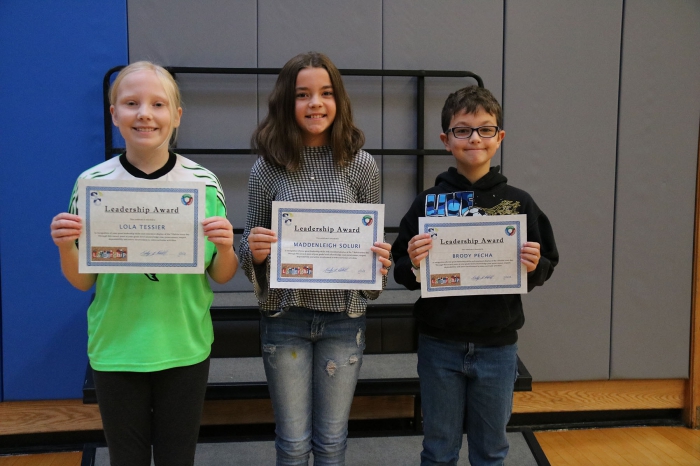 Fifth grade leadership awards were presented to Lola Tessier, Maddenleigh Soluri and Brody Pecha for the first quarter of the year. 