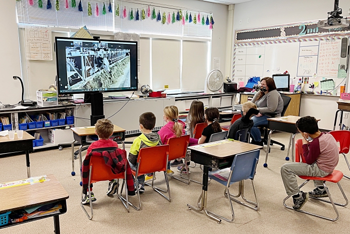 Sandy Creek Elementary students participate in a virtual field trip to a dairy farm on Friday, March 19.