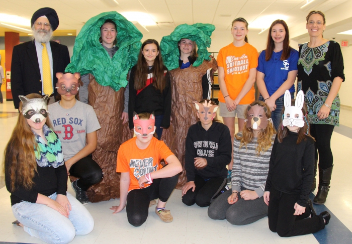 “The Girl Who Spoke With Trees,” was dramatized by students from Sandy Creek Middle and High School in a special Earth Day celebration at Sandy Creek Elementary School. Pictured in front, left to right are: Deanna Hathway, Maggie Vazquez, Dakota Mackey, Hailey Miller, Violet Graf and Hailey Norton. In back: Ralph Singh, Alison Lantry, Jessica Graham, Hannah Dasno, Sarah Balcom, Carly Lyndaker and Dori Hathway.