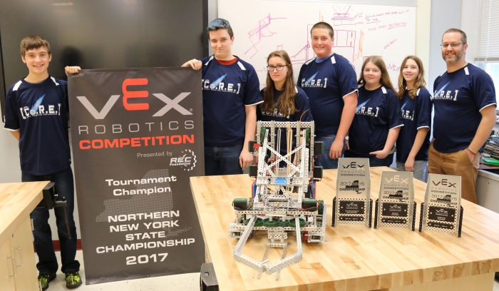 Representing New York State at the VEX World Robotics Championships on April 19-25 in Louisville, Kentucky is team CoRE from the Sandy Creek Central School District. Pictured left to right are: Logan Hatch, Alex Olin, Margery Yousey, Garret LaPoint, Ashleigh Rosenbaum, Emily Ward and Coach John DeGone.