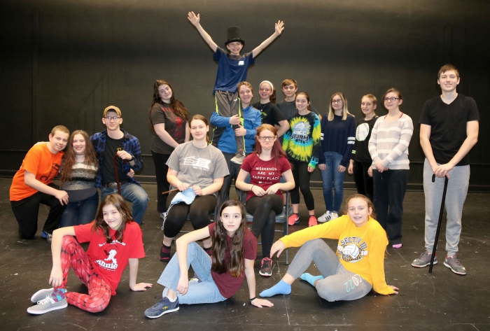 Members of the Sandy Creek Spring musical cast of Willie Wonka and the Chocolate Factory during a recent rehearsal for the show which will be held on March 9-10 at the High School Auditorium.