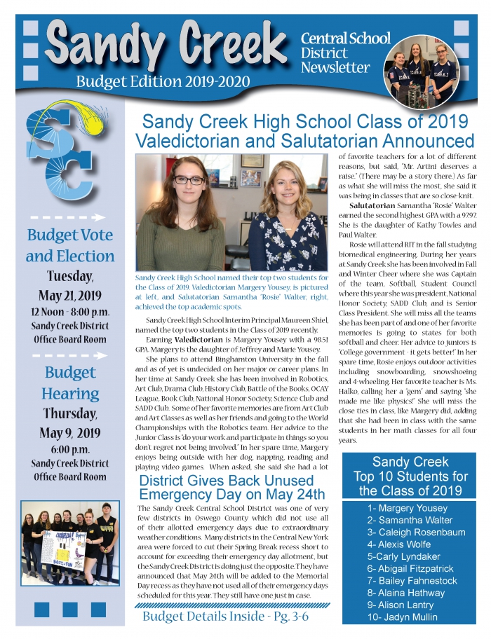 Sandy Creek Budget Newsletter with information on the proposed 2019-20 District Budget.