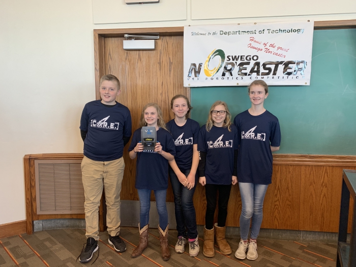 Members of the middle school Co.R.E. Robotics team are pictured following a recent competition at SUNY Oswego. Left to right are: Braden Metott, Abagail Balcom, Piper Phillips, Sara Leppien and Sophie Harris.