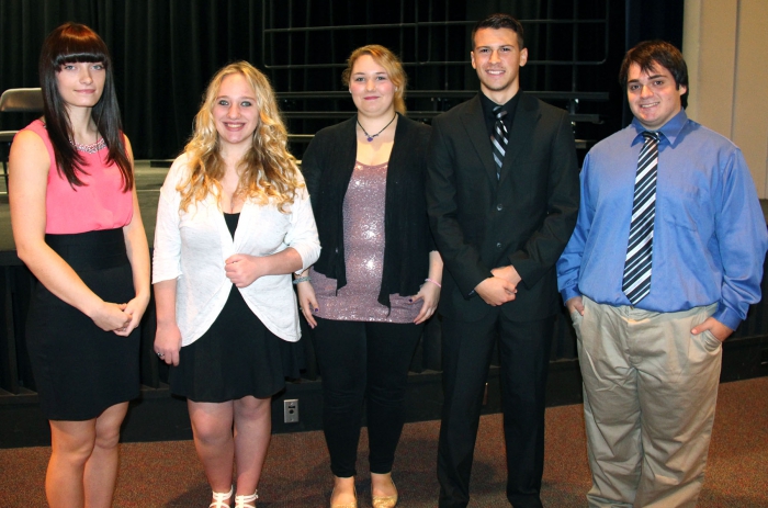 Sandy Creek High School students participating in the Voice of Democracy program through the VFW Cable Trail Post 8534 are pictured left to right: Lexi Goodnough, Heidi Brown, Abbigail Irwin, Jay Ivison, and Joshua Lococo. The students presented their essays in front of the student body at the school.