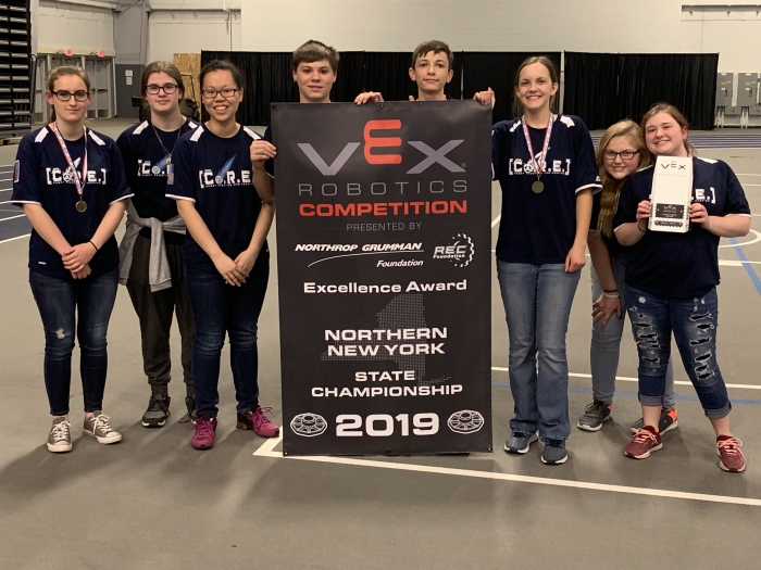 The Co.R.E. Robotics team from Sandy Creek High School following the Northern New York Championships at the SRC Arena at Onondaga Community College. The team has earned a spot at the VEX World Championships every year for the past four years.