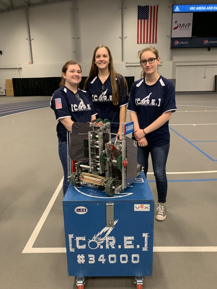 The Sandy Creek R team earned the Excellence Award at the NNY VEX Championships. Pictured left to right are: Sadie Lurcock, Hailey McNitt and Margery Yousey. 