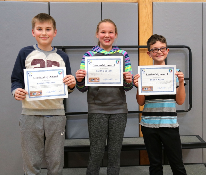 Fifth grade leadership awards were presented to Simon Preston, Haidyn Soluri and Brody Pecha for the second quarter of the year. The leaders are nominated and voted on by their peers for emulating the character traits of Leader in Me and being a good leader and a friend to all.