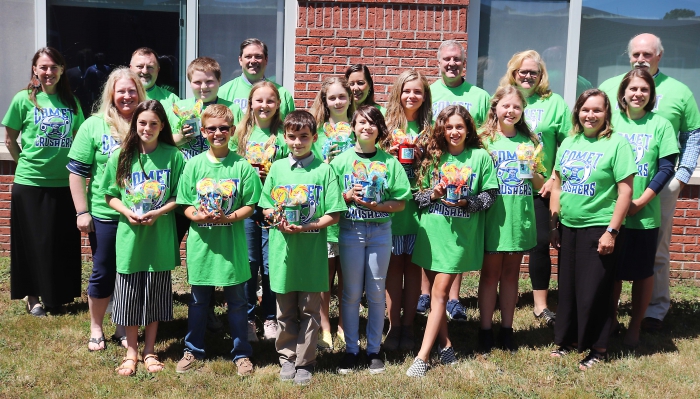 Pictured are the finalists and judges for Sandy Creek Elementary School’s Comet Crushers project. Students in the entire fifth grade were challenged to solve a problem or need for the area community in a similar way to TV show Shark Tank, and the top three from the grade level received cash prizes.