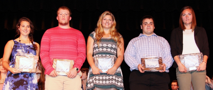 Sandy Creek student-athletes who played three sports throughout their entire high school career were recently recognized during an awards ceremony. Displaying their plaques, from left, are Maggie King, Tyler Doe, McKenna Guarasce, Josh Lococo and Autumn Darling.