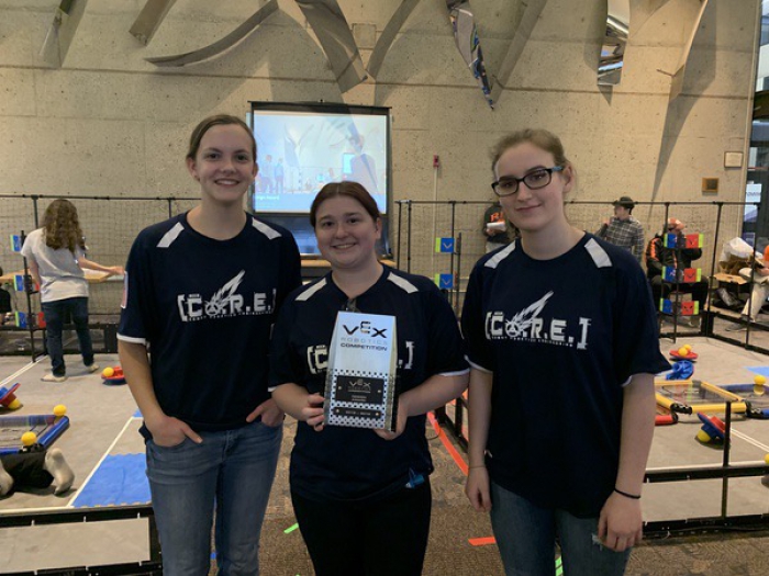 Members of the Co.R.E. Robotics team from Sandy Creek following a recent competition at Rochester Institute of Technology. Pictured left to right are: Hailey McNitt, Sadie Lurcock and Margery Yousey.