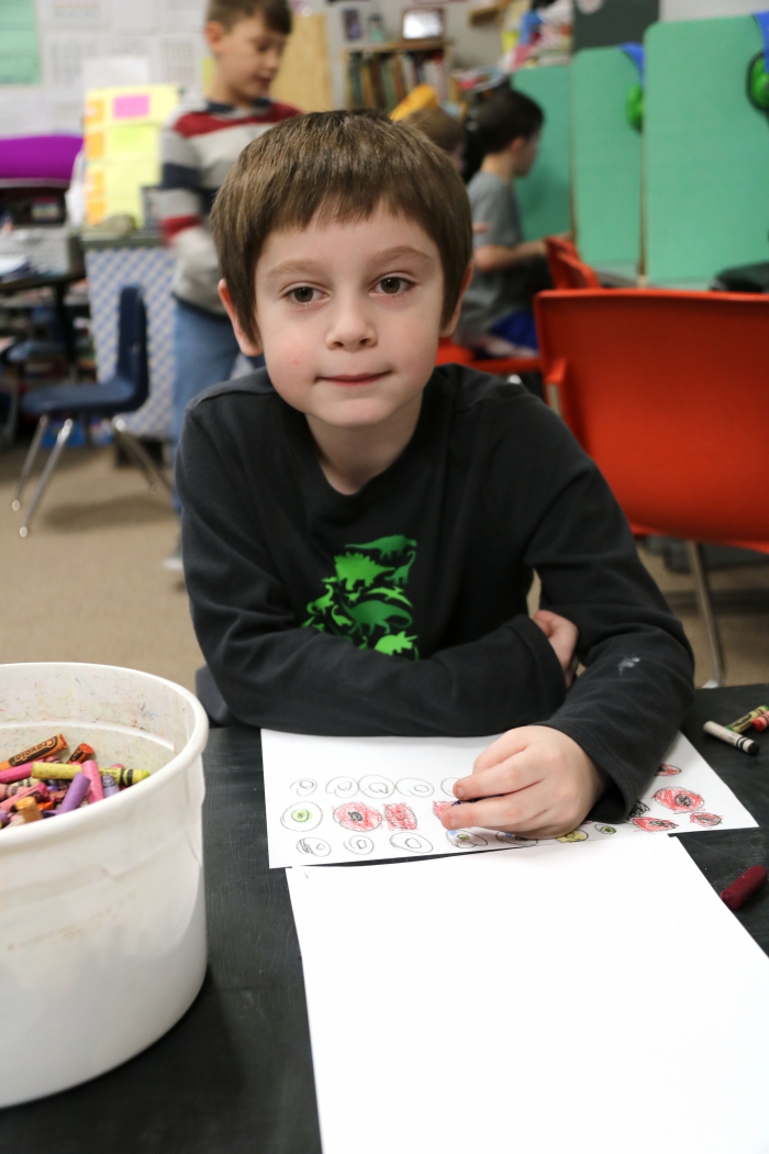Corey Hemmingway, who is a big fan of Japanese anime chose to draw 100 anime-style monster eyeballs. Hemmingway is a second grader in Tamera Halsey’s class at Sandy Creek Elementary School.