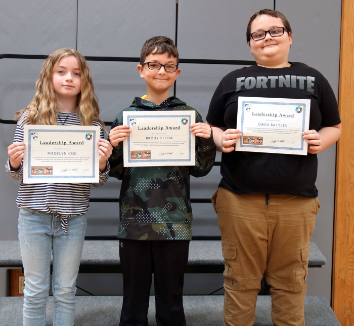 Fifth grade leadership awards were presented to Madelyn Coe, Brody Pecha and Owen Battles for the third quarter of the year. 